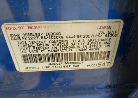 2011 Mitsubishi Lancer Es from USA, damaged, VIN JA32U2FU9BU000527